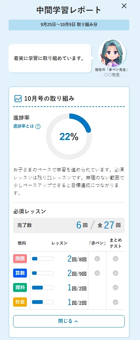 10月号の中間学習レポート(9月25日〜10月9日の取り組み分)。進捗率22%と、「赤ペン」の欄(先生の名前は隠しています)