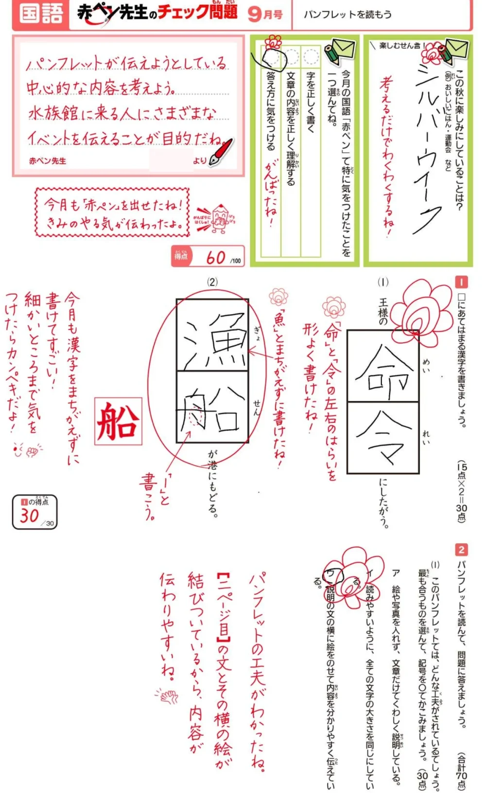 小4の9月号 国語の赤ペン先生のチェック問題「パンフレットを読もう」。得点60点と、赤ペン先生の手書きのコメント(先生の名前は隠しています)