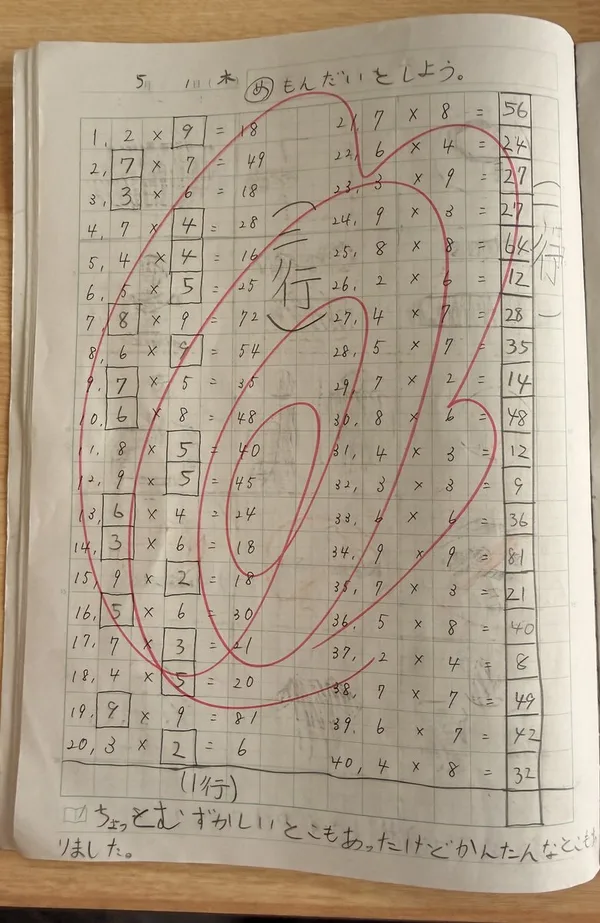 長女の自主学習ノート(小3・九九の問題を作って解いた回)