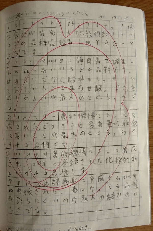 長女の自主学習ノート(小3・いちごの品種を調べた回)