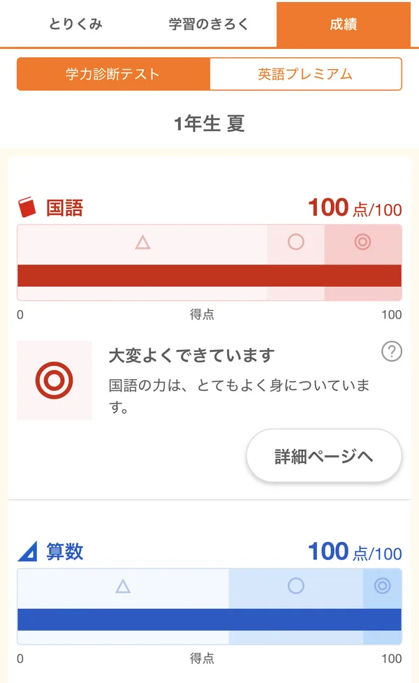 スマイルゼミのみまもるアプリの成績の画面。1年生夏の学力診断テストの結果(子どもの名前は写らないようにしています)