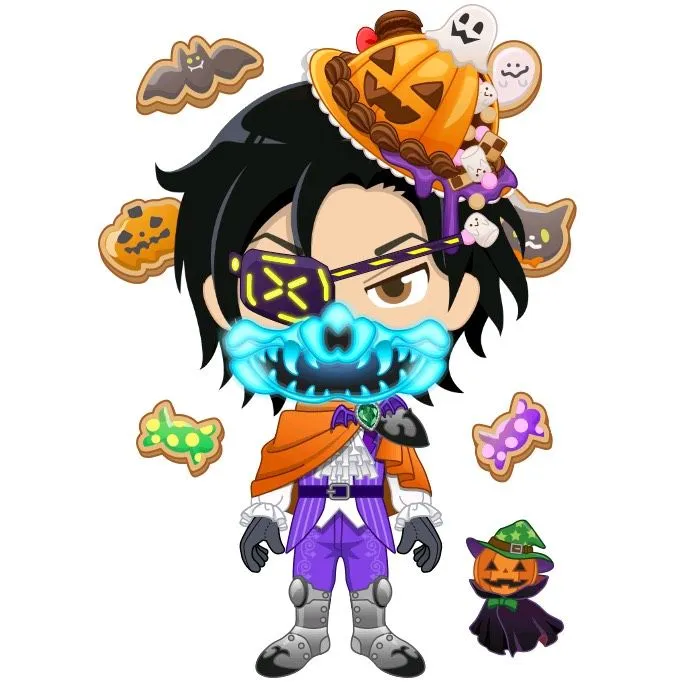 スマイルゼミのマイキャラ。ハロウィンの帽子や仮面、マントの上下セットを着せている