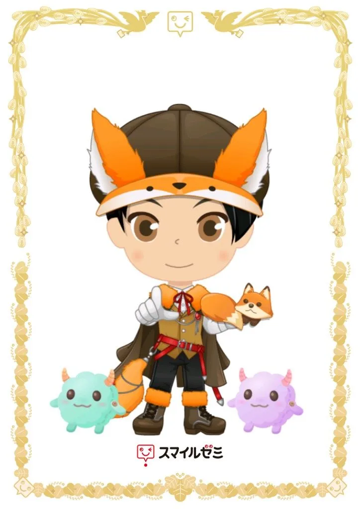 スマイルゼミのマイキャラのカード。きつねの帽子と探検家のような服のマイキャラ