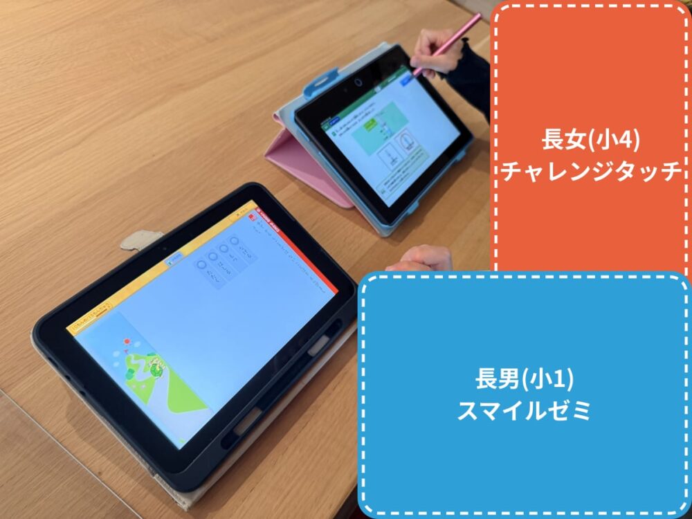きょうだいがそれぞれのタブレットで勉強しているところ。奥が長女のチャレンジタッチ、手前が長男のスマイルゼミ(顔はラベルで隠している)