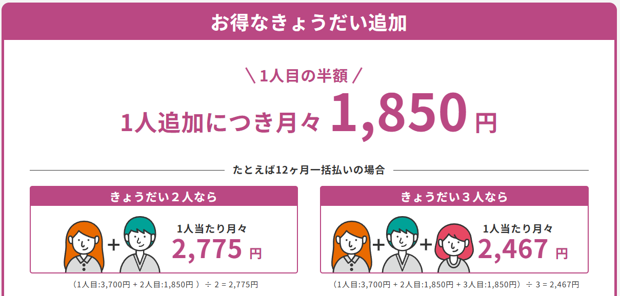 ワンダーボックスのきょうだい追加料金（公式サイトより）
